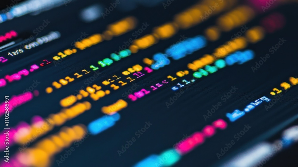 Poster colorful code displayed on a screen, showcasing programming or software development.