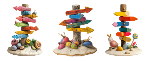 Colorful Directional Signs on Sandy Base