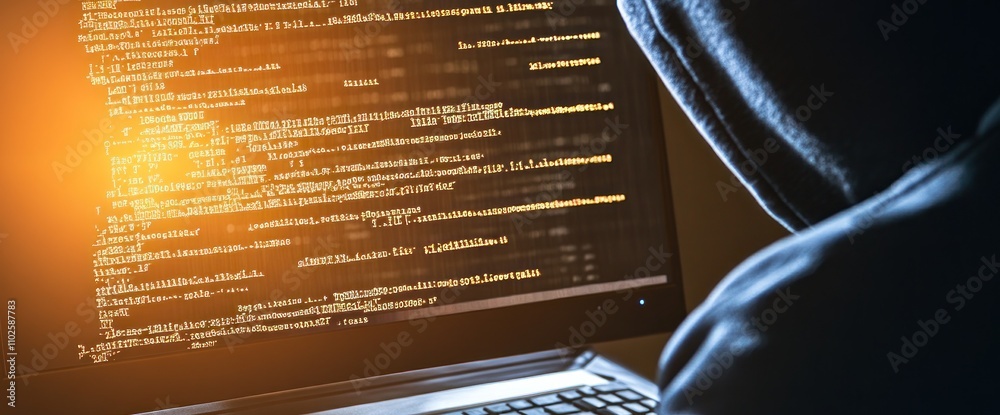 Poster a hooded figure working on a laptop, surrounded by lines of code, suggesting hacking or programming.