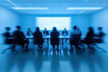A blurred image of a business meeting with participants around a conference table.