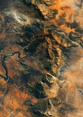 Aerial view of desert landscape with river and rugged terrain