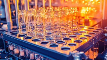 Laboratory experiment setup science lab glass vials industrial environment close-up view innovation