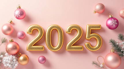 Golden "2025" with Christmas ornaments on a pink background, perfect for New Year's greetings, celebrations, or festive designs.