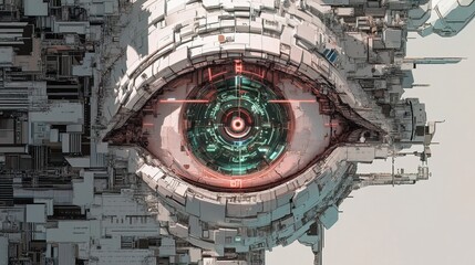 Futuristic cyborg eye scanning and observing digital data stream