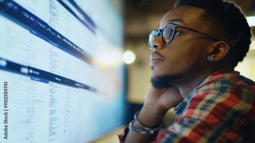 Poster a thoughtful individual gazes at a screen displaying data or code in a modern workspace.