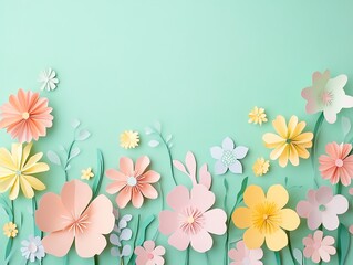 Naklejka premium Pastel Paper Flower Meadow on Mint Green Background - Spring Floral Design