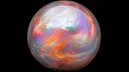 A vibrant, iridescent sphere with swirling patterns of red, blue, and silver on a black background.