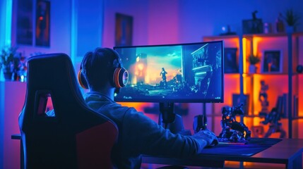 Gamer playing video game at night with neon lights in a gaming room