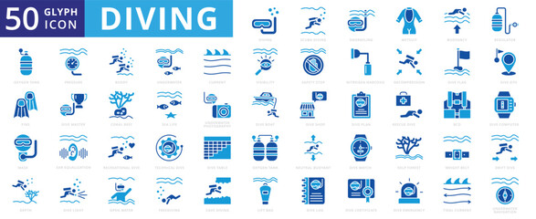 Diving icon set of shop, decompression, table, light, certificate, flag, mask, boat, underwater, snorkeling, coral reef, scuba, log, sea life, pressure, wetsuit, underwater photography, emergency, fin