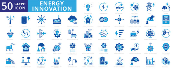 Energy innovation icon set of cogeneration, solar, management, electricity, wind, storage, harvesting, sustainable, renewable, nanotechnology, hydroelectric, biomass, efficiency, power generation