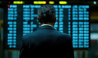 Fototapeta premium A man in a suit stands before a digital display board, likely at an airport or train station.
