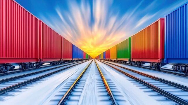 Vibrant cargo train containers on parallel tracks at sunset