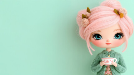 Fototapeta premium Whimsical doll with pink hair holding tea cup on pastel background