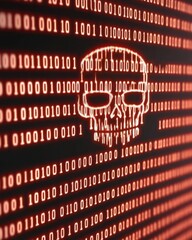A digital skull made of binary code, symbolizing hacking or cyber threats in a tech context.