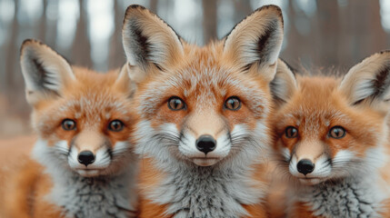Fototapeta premium Three curious red foxes in natural forest setting