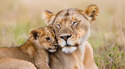 Fototapeta premium Tender moment between lioness and cub in the african savanna