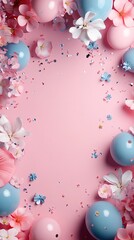 Pastel Pink and Blue Balloons with Flowers and Confetti - Festive Background