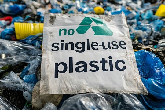 No Single-Use Plastic Sign Amidst Plastic Waste in Environmental Wasteland - Powered by Adobe