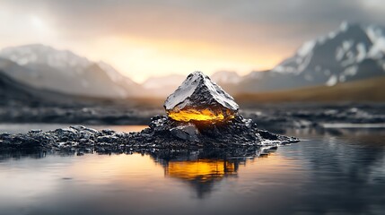 A macro shot of a rare earth element embedded in a geological formation, with rich textures and colors of the surrounding minerals. The sunlight filters through, illuminating the element and 