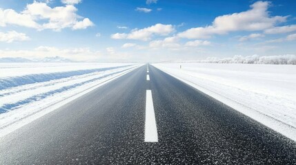 Fototapeta premium Snowy Road Stretching Into the Distance Under a Blue Sky