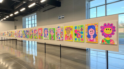 Colorful children's art exhibit in modern gallery setting