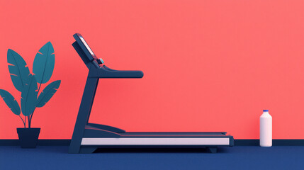 Modern treadmill setup in minimalist space with tropical plant and water bottle