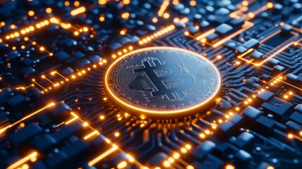 A glowing Bitcoin coin resting on a circuit board, surrounded by vibrant orange and blue lights, symbolizing cryptocurrency, technology, and modern finance. AI generated.