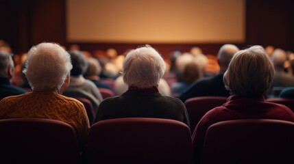 Audience of elderly individuals seated in a theater, focused on a presentation.