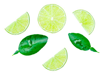 Top view set of fresh green lemon fruit in half and slices or quarters with green leaves isolated on white background with clipping path