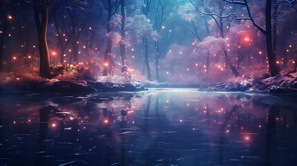 Naklejka premium A tranquil scene of a frozen pond surrounded by festive trees, reflecting the joyous lights of Christmas in its icy surface.