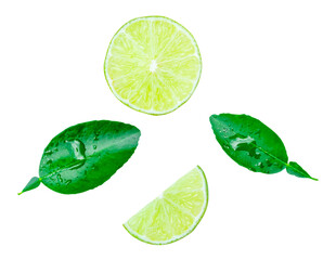 Top view set of fresh green lemon fruit in half and slices or quarters with green leaves isolated on white background with clipping path