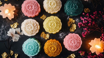Colorful Decorative Cakes with Floral Patterns on Dark Surface