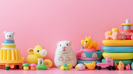 Obraz premium Cute White Hamster Surrounded by Colorful Children's Toys