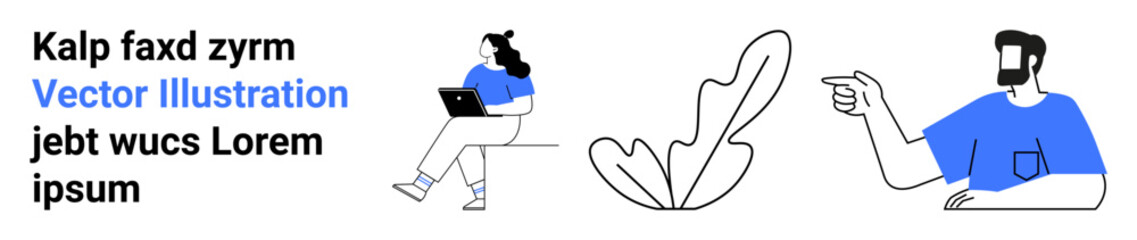 Person sitting with laptop and another pointing, accompanied by text and abstract plant. Ideal for tech, communication, modern lifestyle, teamwork, digital marketing, professional settings, creative