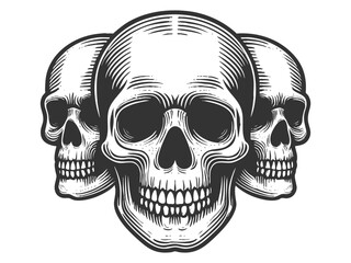 Fototapeta premium three skulls arranged together, symbolizing mortality, unity, and timeless artistry sketch engraving generative ai vector illustration. Scratch board imitation. Black and white image.