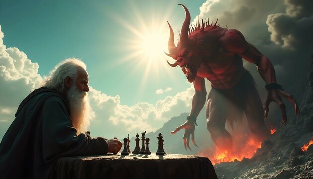 dios y el demonio echando una partida al ajedrez