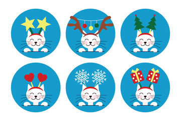 Christmas cat round sticker set, cute character with festive headband on, winter decoration, circle vector design elements
