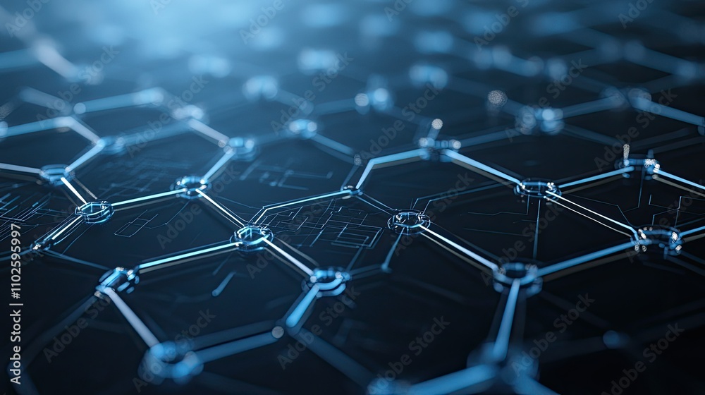 Poster abstract hexagonal grid with glowing blue texture and depth effects