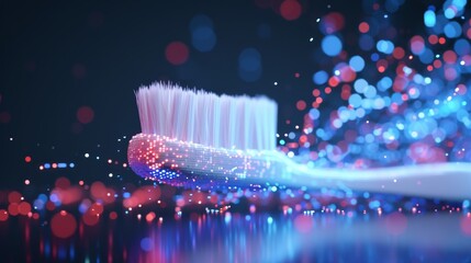 A high-tech toothbrush surrounded by vibrant glowing particles in a dark, abstract setting. The glowing elements create a futuristic atmosphere, blending health and technology. AI generated.
