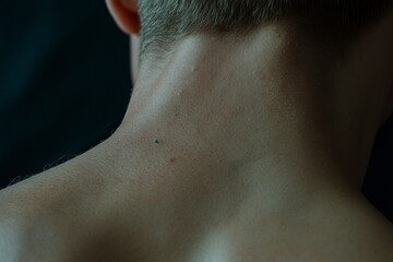 Fototapeta premium Close-up of the back neck and shoulder area, an acupuncturist is using several thin metal needles to treat for pain relief on her upper body. 