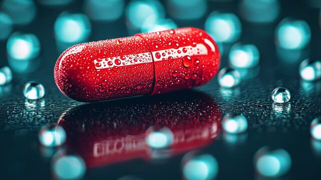 Close-up of a red capsule surrounded by droplets
