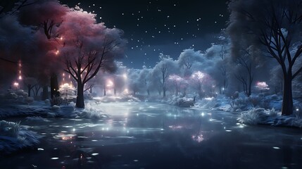 A tranquil scene of a frozen pond surrounded by festive trees, reflecting the joyous lights of Christmas in its icy surface.
