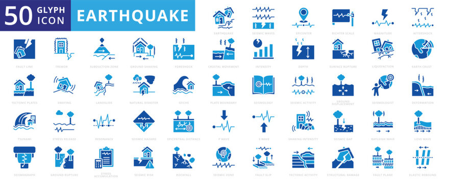 Earthquake icon set of epicenter, tsunami, natural disaster, landslide, seismic activity, resonance, rockfall, deformation, tectonic plates, tremor, magnitude, seismograph, aftershock, subduction zone
