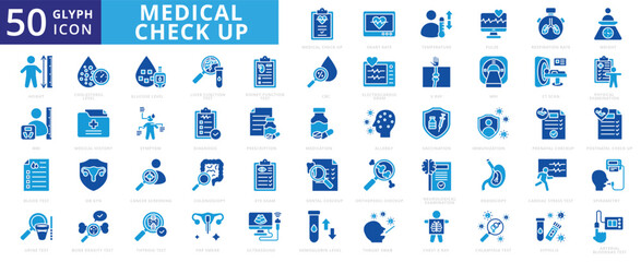 Medical check up icon set of height, weight, endoscopy, heart, dental, medication, diagnosis, prescription, temperature, vaccination, bone, allergy, symptom, pulse, immunization, orthopedic, prenatal