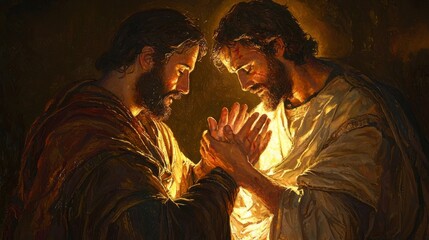 Obraz premium Apostle Thomas touching the wounds of the resurrected Jesus, warm light illuminating their faces, deep emotions of faith and doubt, realistic and intricate details, peaceful atmosphere