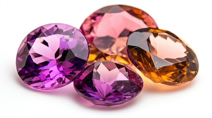Fototapeta premium Colorful Faceted Gemstones in Purple and Orange Tones on White Background