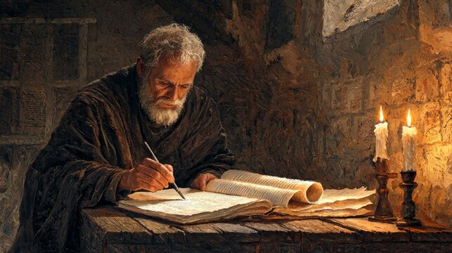 Apostle Paul writing an epistle in a candlelit room, scrolls and ink on a rustic wooden table, shadows dancing on the walls, introspective expression, rich textures, detailed realistic style