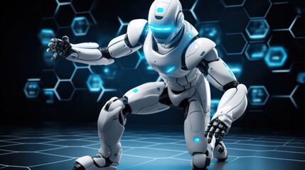 Futuristic humanoid robot in a dynamic pose showcasing advanced technology and design elements against a digital hexagonal background with glowing accents.