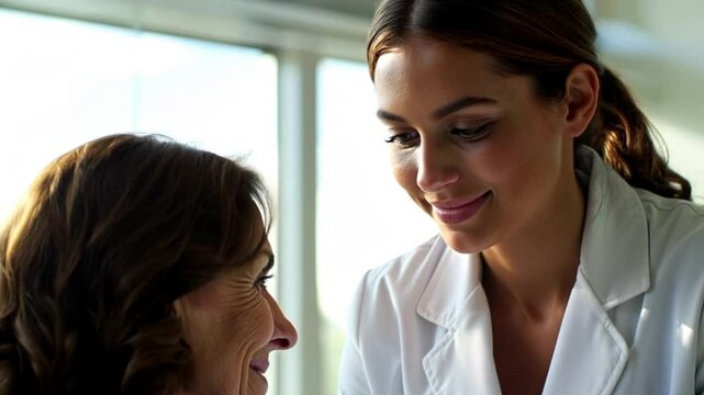 Nurse practitioner and patient sharing empathetic moment in sunlit clinic