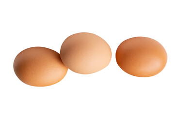 Top view set of three fresh brown chicken eggs isolated with clipping path in png file format